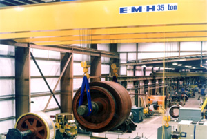 Two 35-ton, 80 foot double girder cranes are used for precise placement of large equipment at this rewinding and repair facility for heavy duty industrial equipment. One crane also has a 20 ton auxiliary hoist to help rotate loads