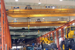 30-ton cranes with walkways are used in the production process at a Pennsylvania manufacturer of mobile cranes
